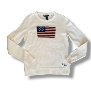 VTG Lauren Ralph Lauren American Flag Cotton Knit Sweater Cream Women Medium Y2K